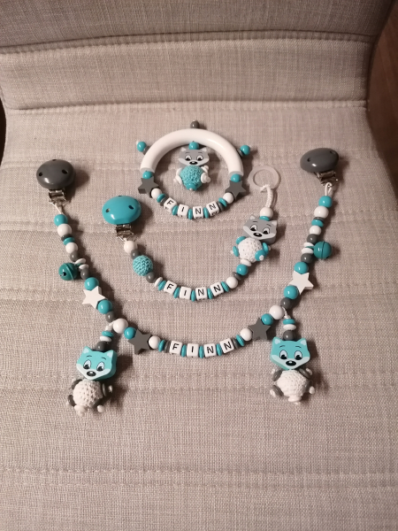 Geschenk-Set (Nuggikette, Kinderwagenkette und Handrassel)